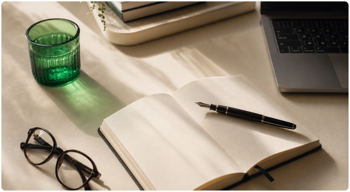 A thoughtful founder workspace with an open notebook, pen, glasses, and laptop