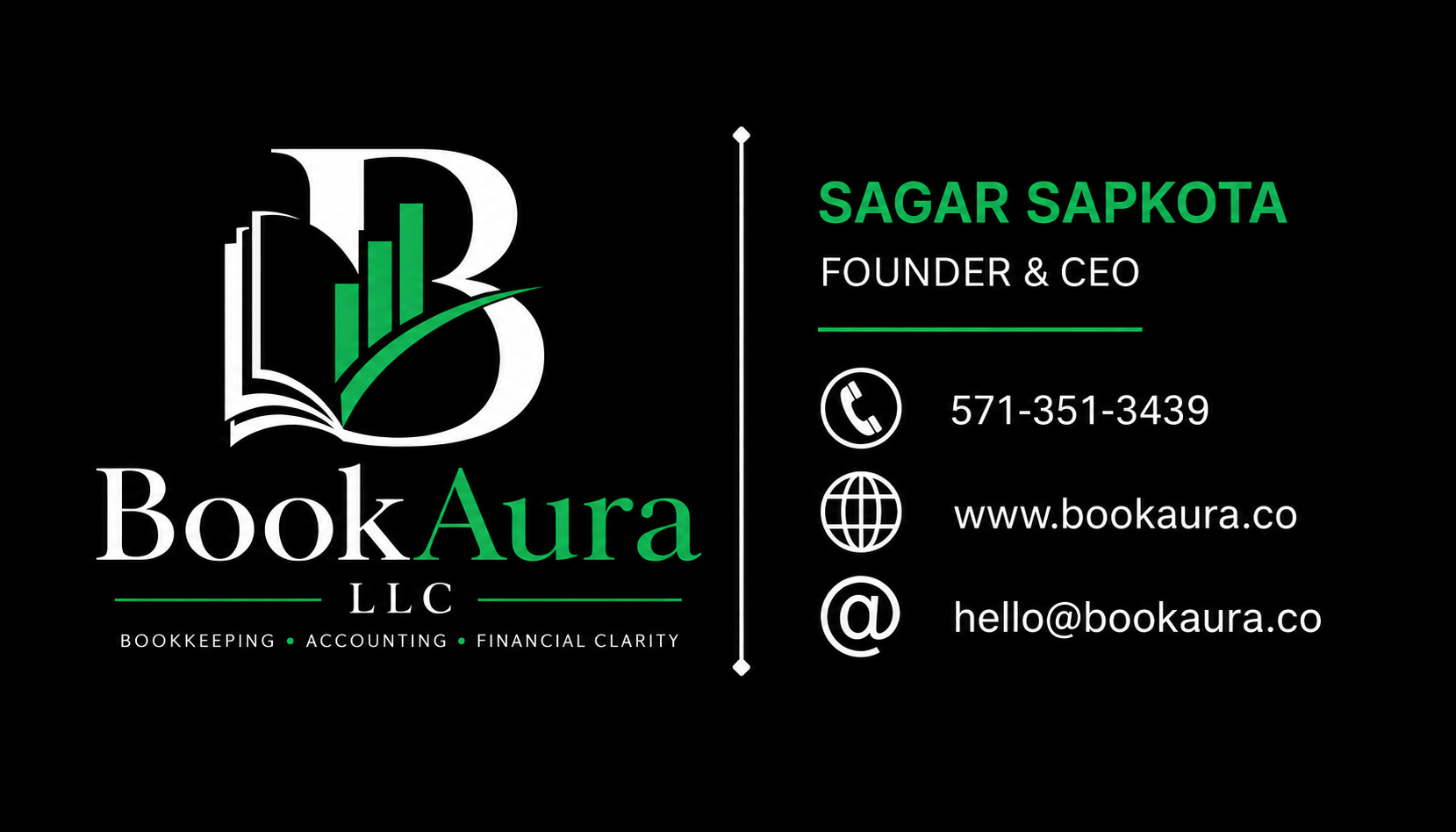 BookAura LLC brand and founder contact card