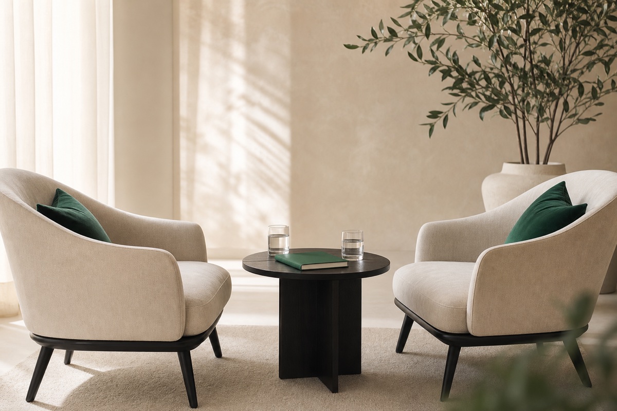 Two comfortable chairs arranged for a calm business conversation