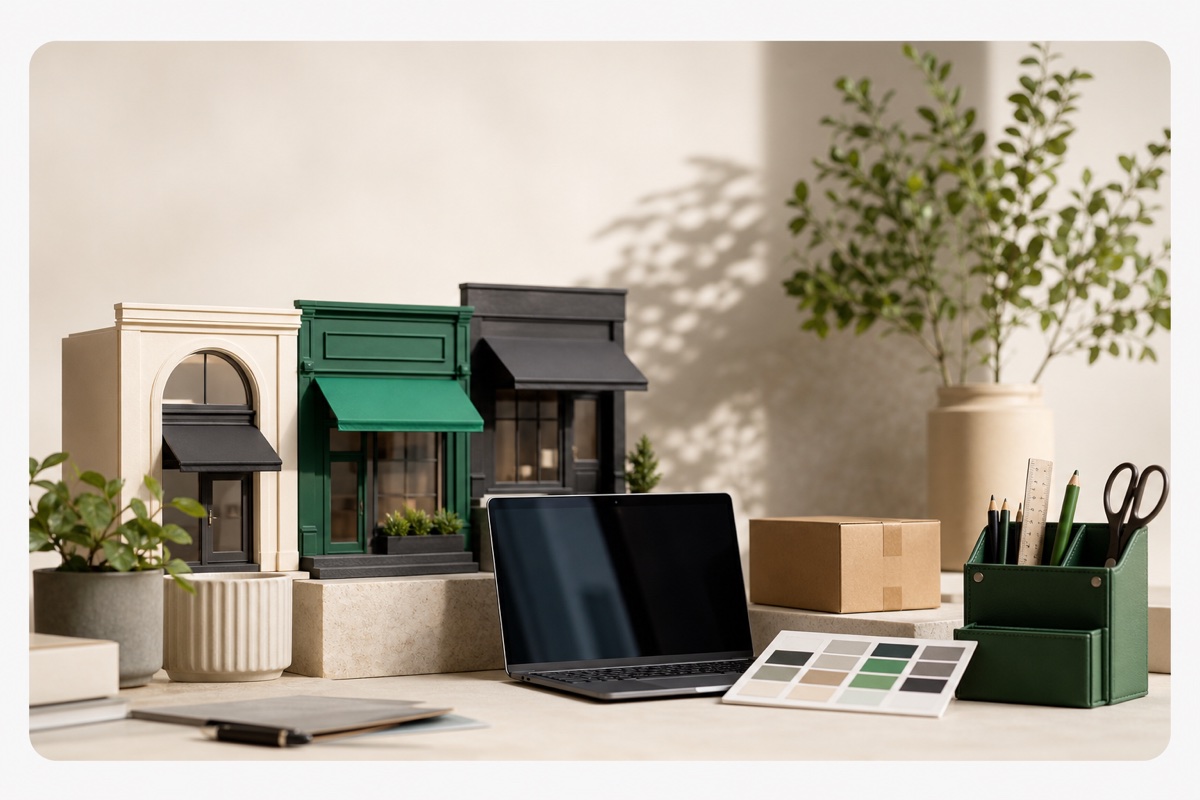 A modern arrangement representing storefront, digital, shipping, and creative businesses