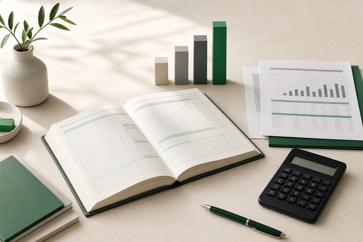 Organized bookkeeping ledger, financial reports, calculator, and rising chart blocks